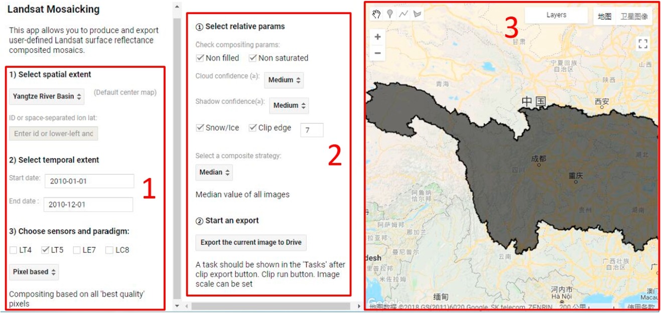 Acquiring high-quality user-defined Landsat composited mosaic images under GEE cloud environment