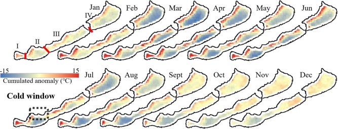 The cumulated temperature anomaly from the daily mean temperature in each month