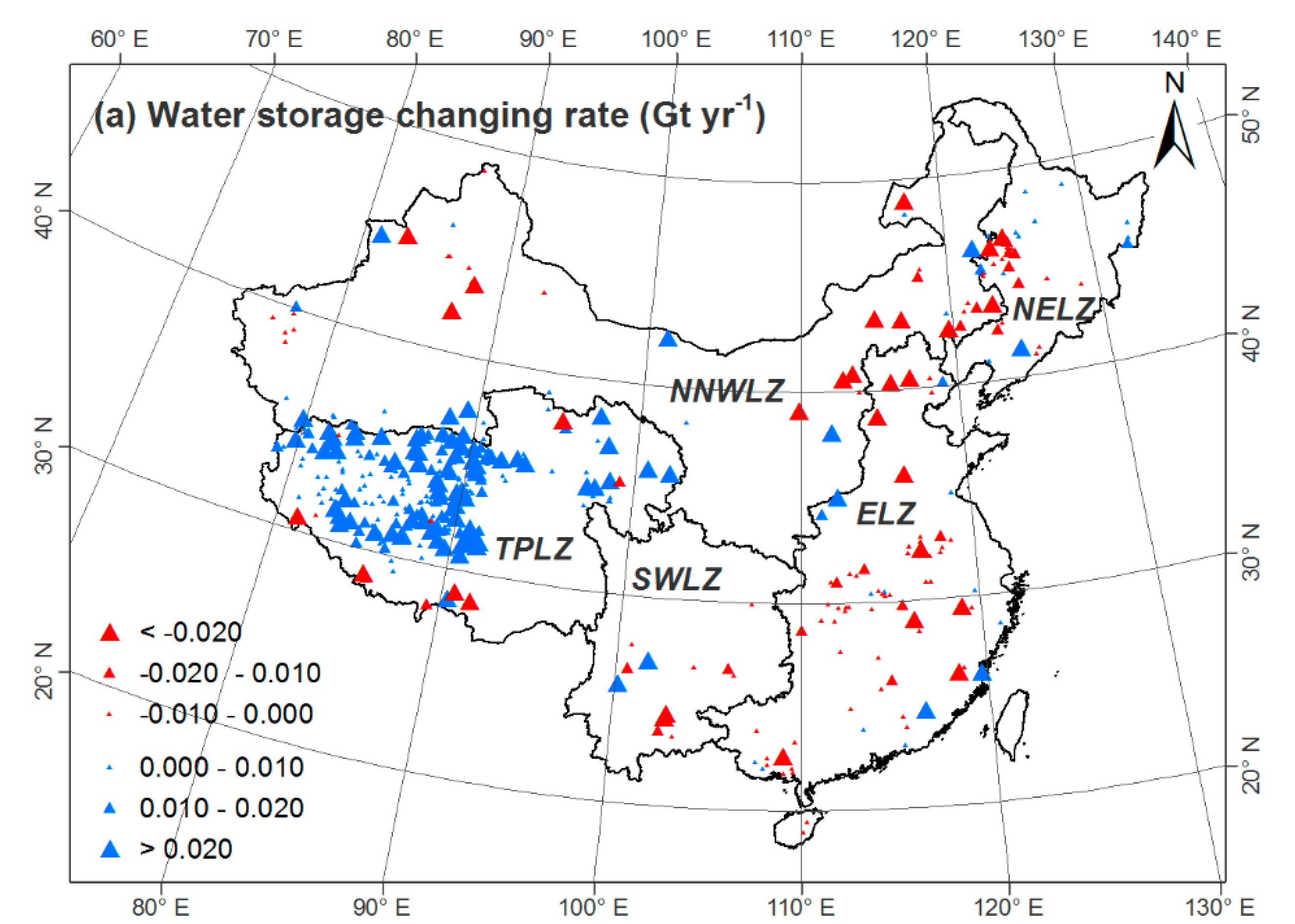 Spatial distribution of water storage change in lakes and reservoirs across China, 1984–2015