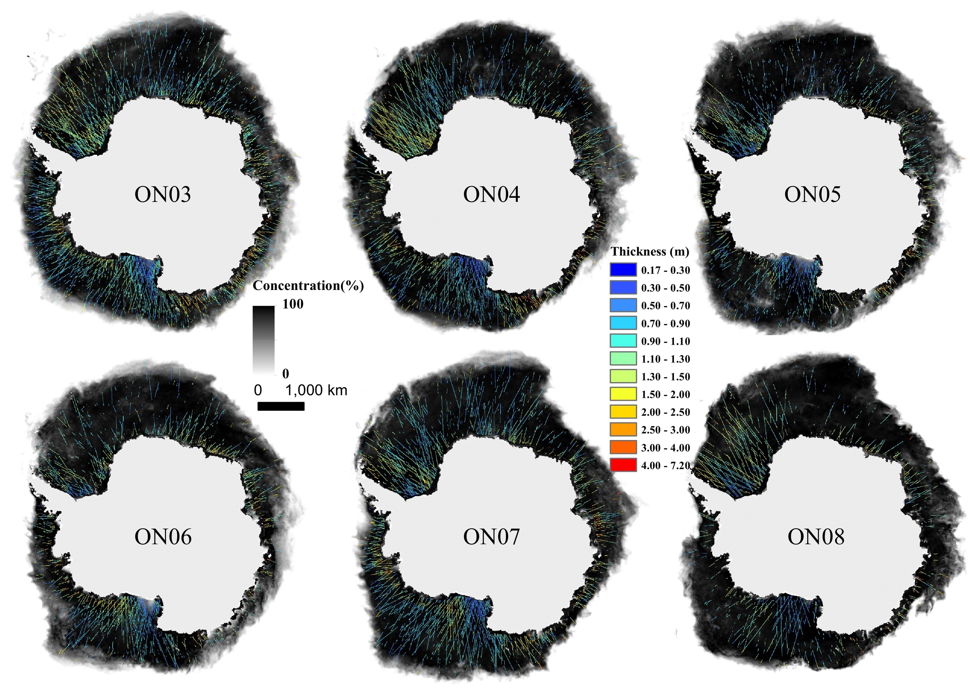 AMSR-E ASI algorithm sea-ice concentration and ICESat OLM algorithm sea-ice thickness in spring