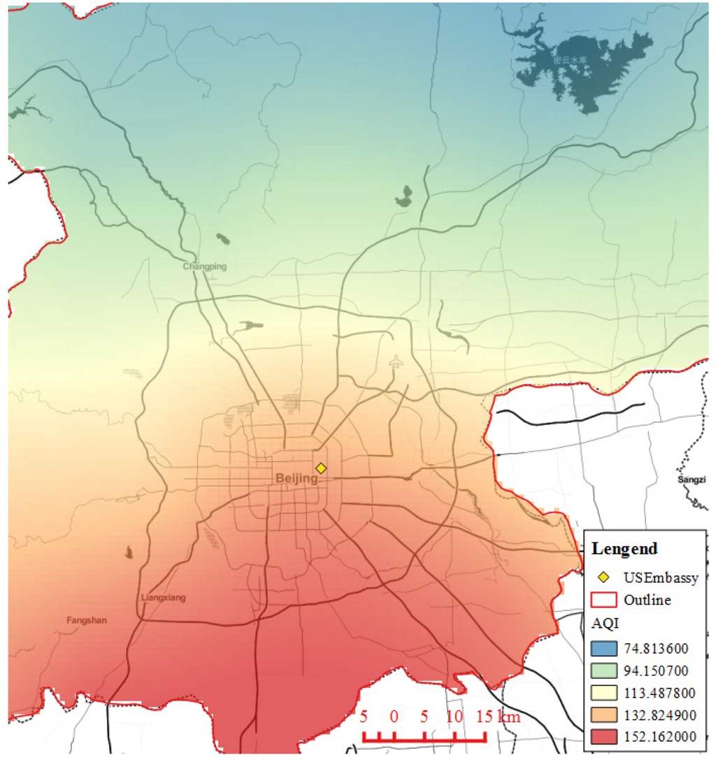 Average AQI Heatmap of PM2.5 from November 2013 to February 2014 in Beijing